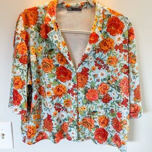 Zara Orange and Red Floral on Light Blue Boxy Button Down Shirt